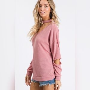 Peekaboo Elbow V Neck Choker Top
